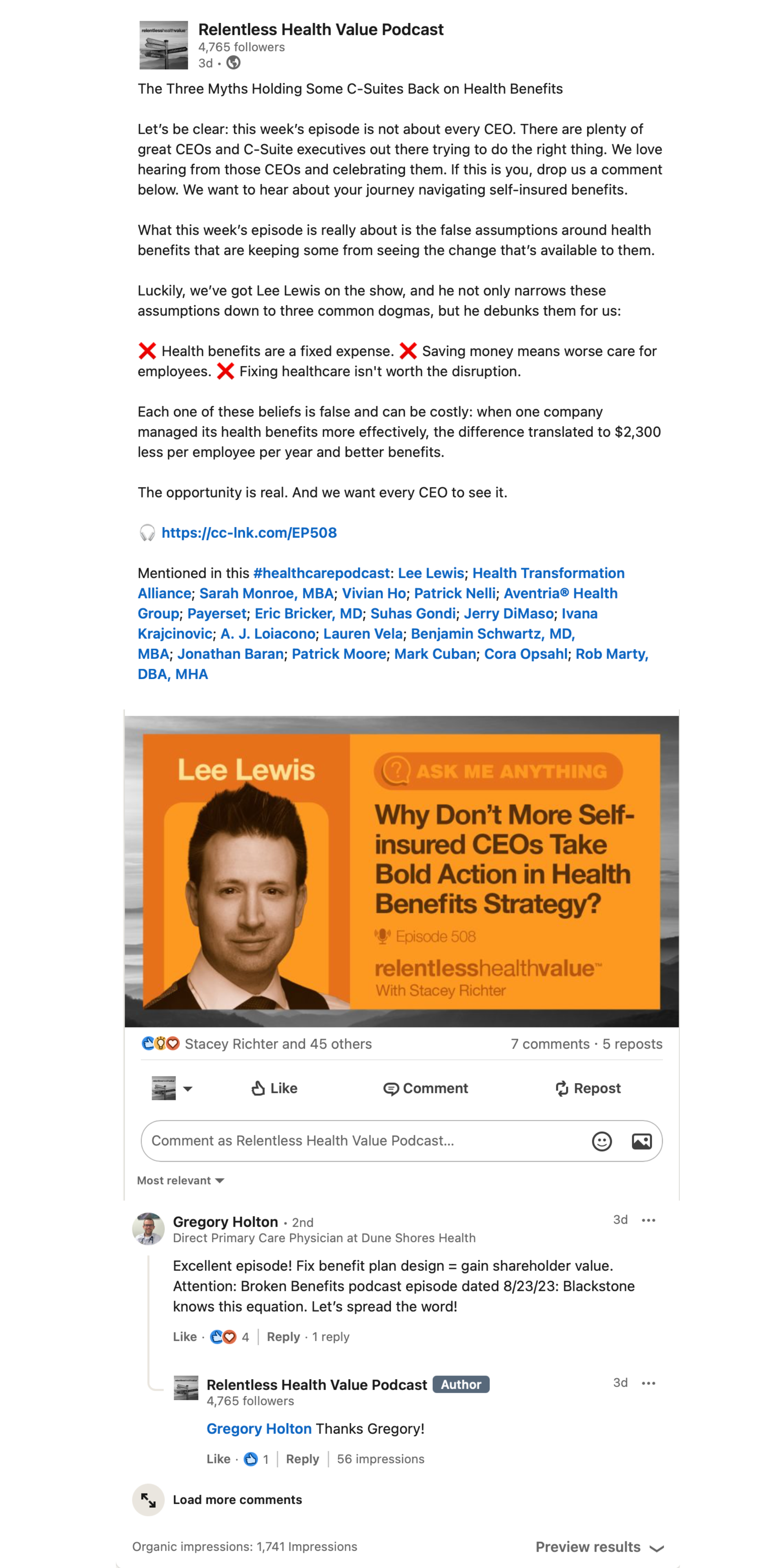 Relentless Health Value LinkedIn post